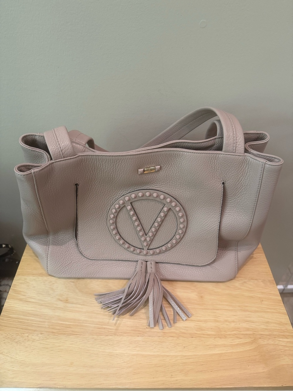 Valentino By Mario Valentino Taupe Leather Tote with Tassel and Stud Emblem